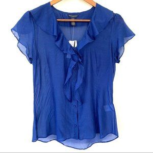 Blue Ruffle Front Short Sleeve Women's Blouse